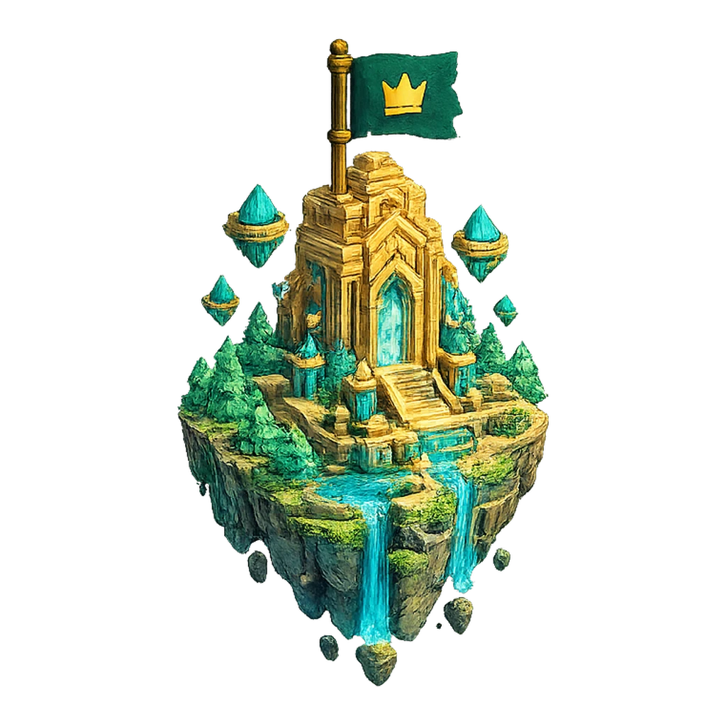 Pixel-art floating island with a gilded citadel, a crown flag, teal crystals, gardens, and cascading waterfalls.