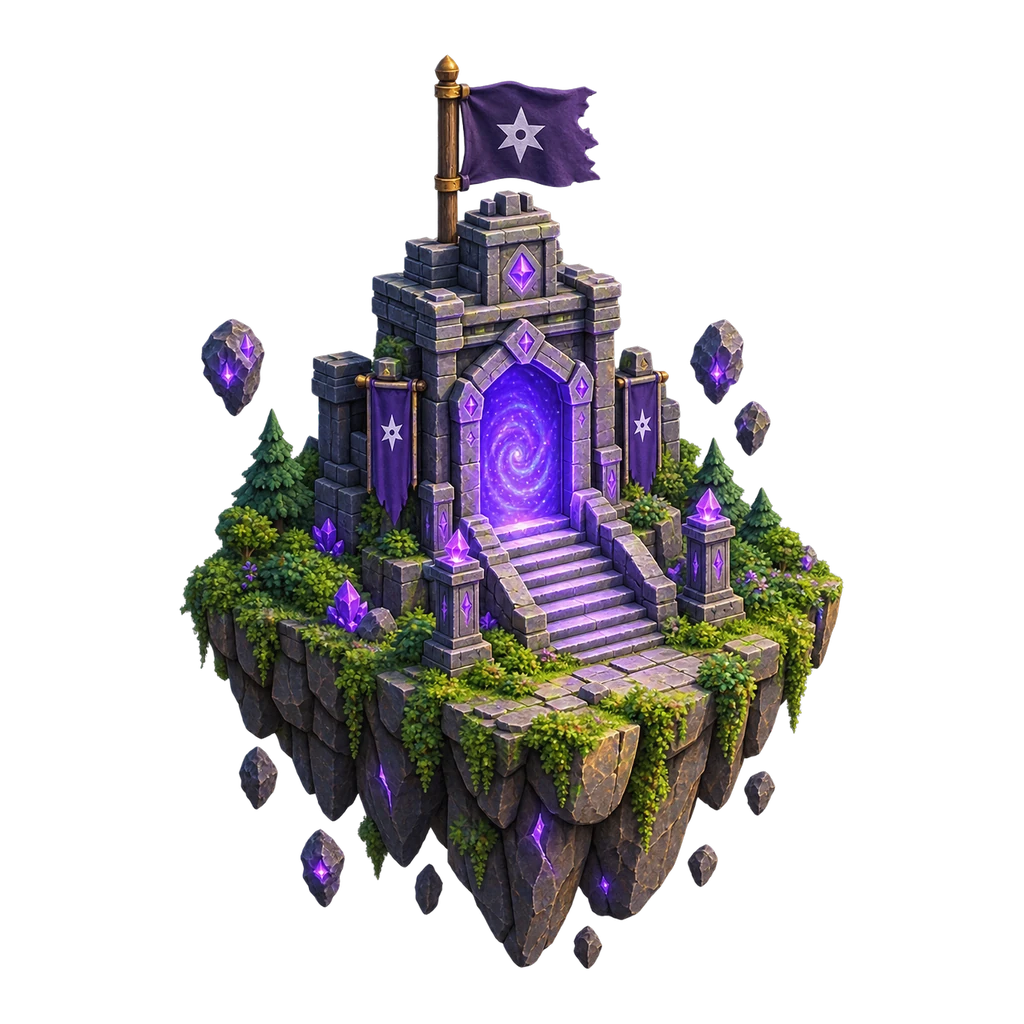 Pixel-art floating island with a dark stone temple, a glowing purple portal, a star flag, and floating crystal shards.